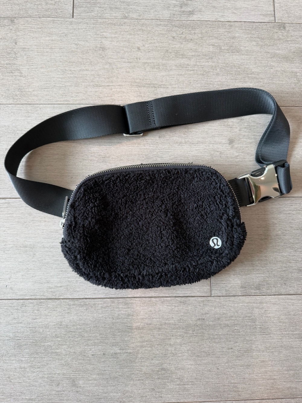 lululemon Black Sherpa Belt Bag with Silver Buckle